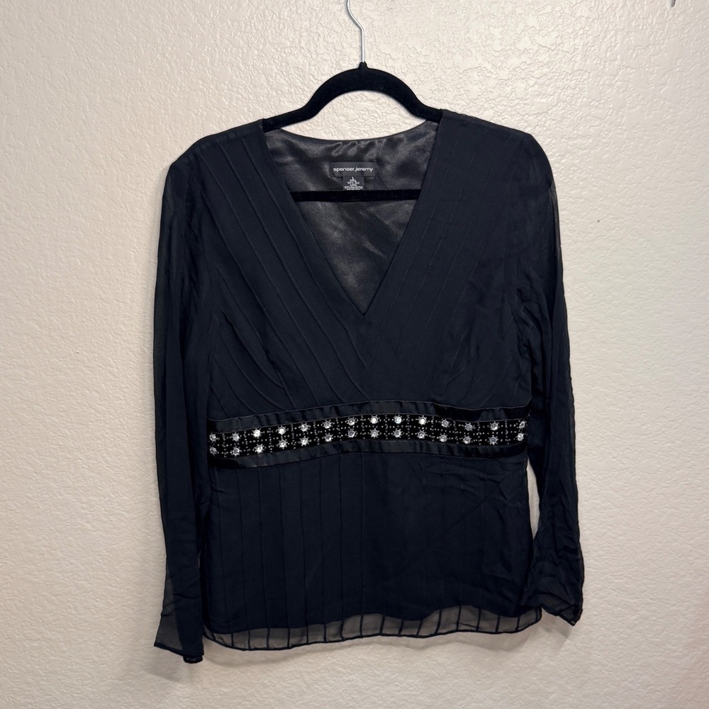 Spenser Jeremy‎ Silk Black Womens Sz L Sheer Embellished V Neck Long Sleeve Top
